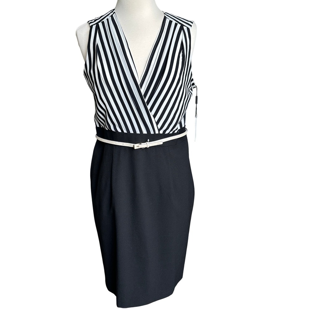 Calvin Klein Striped Sheath Dress Belted Office Siren V-Neck Corporate Size 10P - Picture 2 of 9